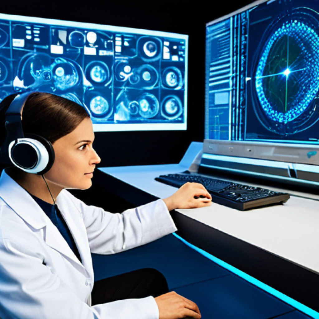 A professional neuroscientist, fully clothed in a modest lab coat and appropriate attire, is seated at a sleek, futuristic workstation in a modern Italian research laboratory. They are wearing a non-invasive EEG headset, with subtle digital lines extending from it towards a large holographic display. On the display, a complex neural network visualizes data from their thoughts, enabling control of a robotic arm in the foreground. The lighting is bright and clean, emphasizing innovation and precision. The overall scene is professional, family-friendly, safe for work, appropriate content, perfect anatomy, correct proportions, natural pose, well-formed hands, proper finger count, natural body proportions, high-quality, professional photography.