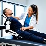 Home 13 BCI Rehabilitation**
"A physical therapist assisting a patient using a robotic exoskeleton during rehabilitation, modern clinic setting, fully clothed, appropriate attire, perfect anatomy, natural pose, safe for work, professional environment, family-friendly."
**