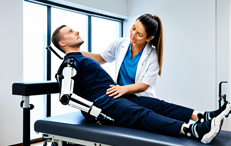 BCI Rehabilitation**
"A physical therapist assisting a patient using a robotic exoskeleton during rehabilitation, modern clinic setting, fully clothed, appropriate attire, perfect anatomy, natural pose, safe for work, professional environment, family-friendly."
**